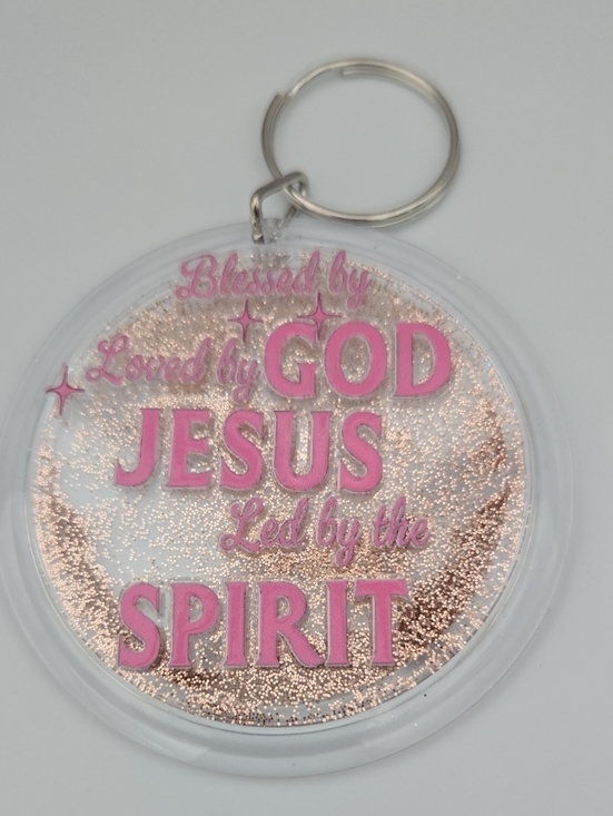 Accessories - Glitter Keychain - Pink "Blessed by God Jesus"